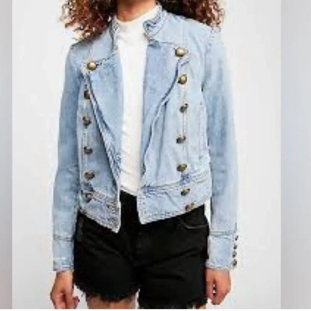 Free People Moto Double Breasted Denim Jacket. Country. Military.Coastal Cowgirl - Picture 10 of 14